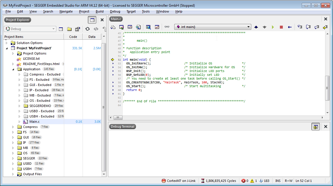 First Embedded Studio PRO project - Debugger in action